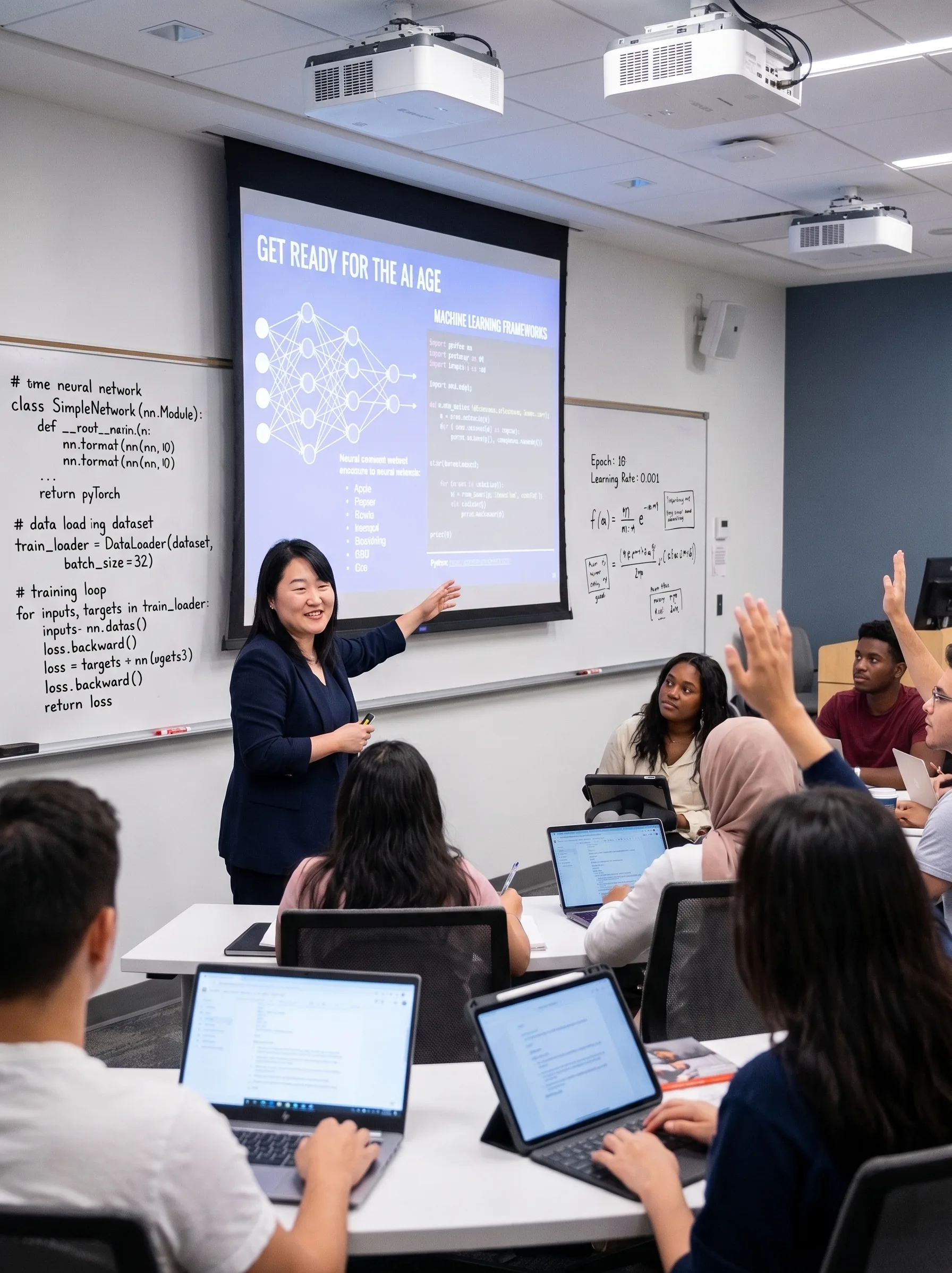 Classroom scene showing an AI systems lesson with students working on laptops